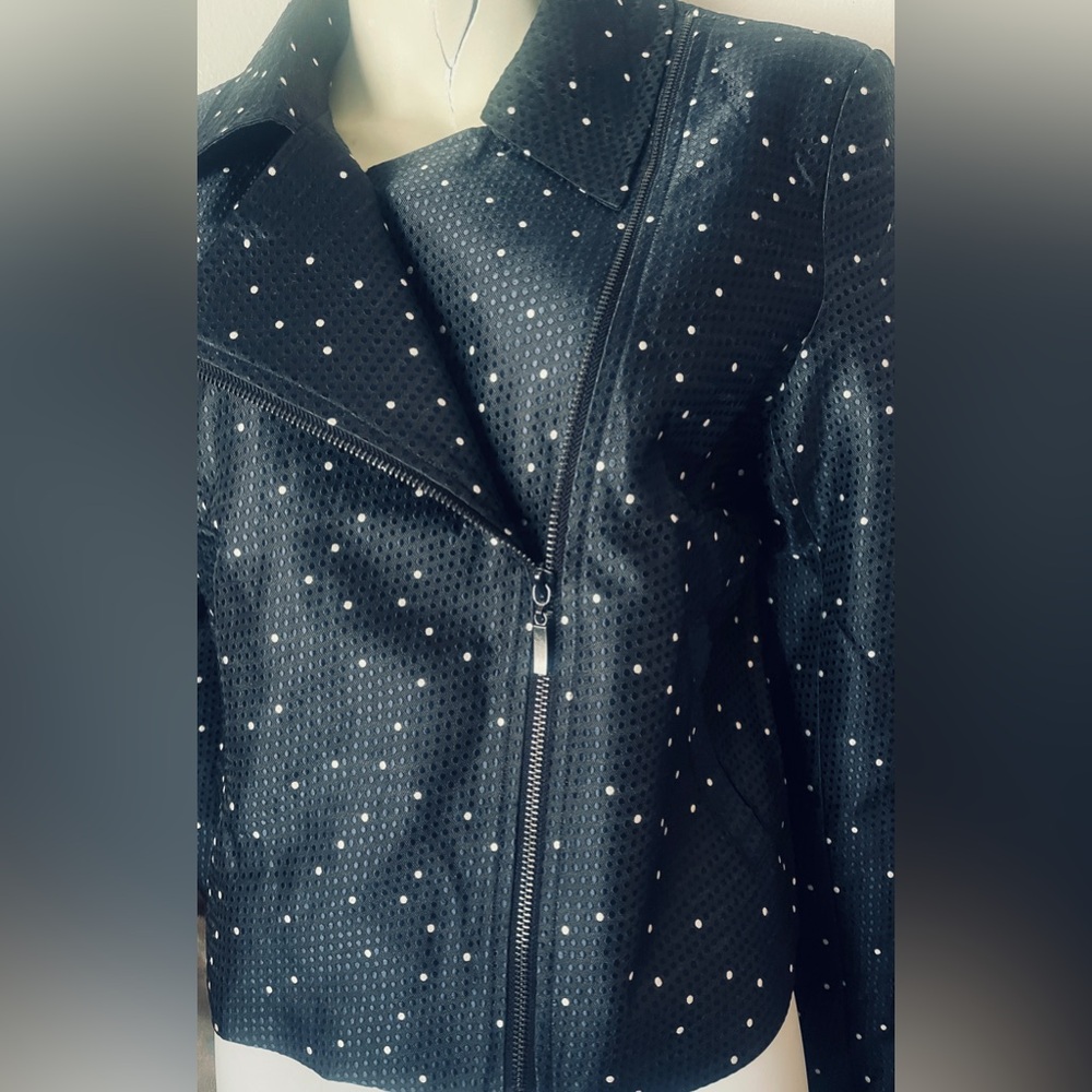 Navy/White Polka Dot Asymmetrical Zip, Perforated Detail Women's Jacket - Picture 2 of 6